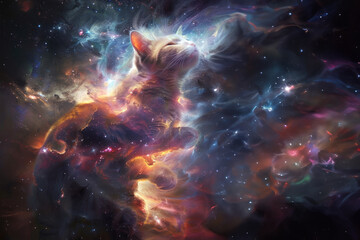 An otherworldly scene with a cat made of stardust, embodying the idea of the universe within us all