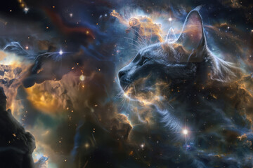 A cosmic portrait blending a thoughtful cat with a stellar backdrop hinting at introspection and the unknown