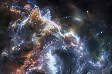 A stunning image mixing a cat's head with a vibrant, cosmic background evoking a sense of mystery and wonder