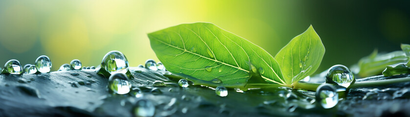 Leaf under sunlight, water drops sparkle, vivid green, soft focus, natural backlight - obrazy, fototapety, plakaty