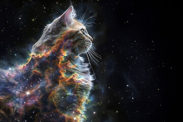 Striking visual blend of a cat outline against a deep space background, symbolizing curiosity and the unknown