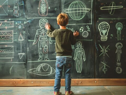 Vintage alien language class, chalkboards with strange symbols, interactive learning