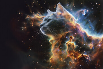 An artistic rendering of a Maine Coon cat blending with cosmic light, suggesting unity with the universe