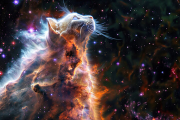 An evocative depiction of a cat overlooking deep space nebulae, conjuring feelings of intrigue and the unknown