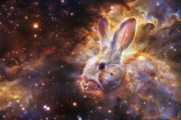 Fototapeta na wymiar A radiant digital illustration featuring a bunny with a backdrop of cosmic clouds and twinkling stars
