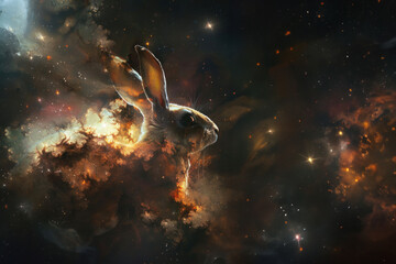 A surreal artwork that creatively juxtaposes a rabbit with vibrant cosmic clouds, conveying a sense of wonder