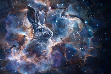 A stunning image of a rabbit with cosmic dust evokes curiosity and imagination in the viewer - obrazy, fototapety, plakaty