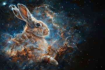 A visually captivating digital artwork featuring a bunny head blending into a deep space background