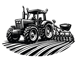 tractor with forwarder in the foreground in wheat farm black outline vector isolated on white background