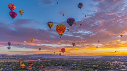 A stunning sky filled with a myriad of colorful hot air balloons floating over a serene landscape during sunset