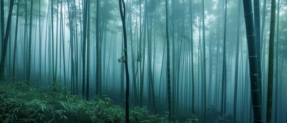 A serene bamboo grove shrouded in mist, with a subtle interplay of light and shadows, creates a...