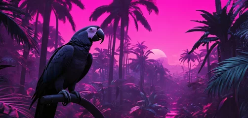 Fotobehang A blue parrot against a purple sunset sky. pink and black illustration of birds and tropics © Вероника Преображенс