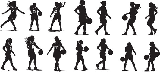 multiple girls playing basketball vector silhouette, girls players playing basketball  