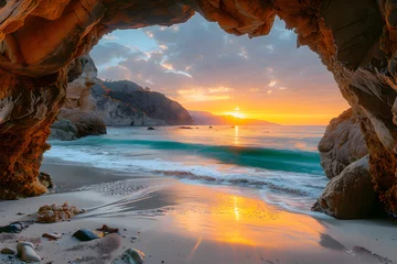 Fotobehang The beauty of a sunset on a beach with archway rocks  © Nawapol