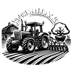 tractor with forwarder in the foreground in wheat farm black outline vector isolated on white background - obrazy, fototapety, plakaty