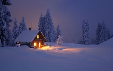 Under the early night sky, a secluded wooden cabin illuminates the pristine snow, with surrounding pine trees standing guard in the silent forest.