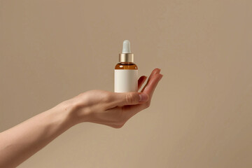 Hand showcasing luxury elegant skincare product bottle against a classic beige isolated solid background, emphasizing natural and subtle beauty,