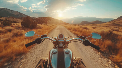 first person point of view perspective riding a vintage motorcycle galloping on US Route and natural landscape