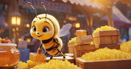 A cheerful cartoon bee sells honey at the market. - obrazy, fototapety, plakaty
