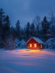 As dawn breaks, the soft glow of a cabin contrasts with the pinkish hues of morning light, nestled in a snowy landscape surrounded by a frosty forest.