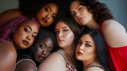 Obraz premium Close-up portrait of eight diverse plus-size women, showcasing beauty in different skin tones and styles, exuding confidence and camaraderie