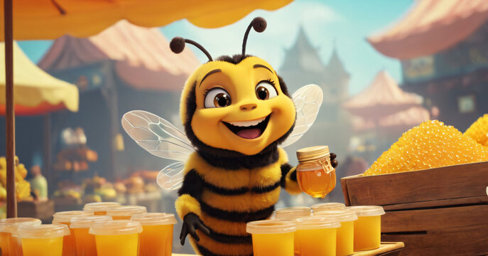 A cheerful cartoon bee sells honey at the market.