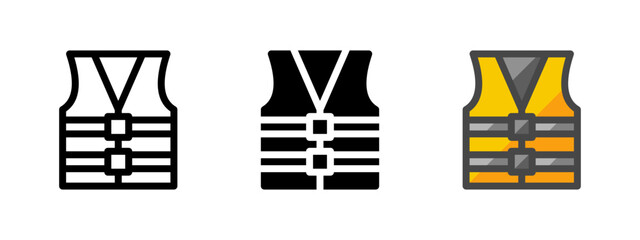 Multipurpose life jacket vector icon in outline, glyph, filled outline style. Three icon style variants in one pack.