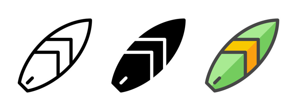 Multipurpose surfboard vector icon in outline, glyph, filled outline style. Three icon style variants in one pack.