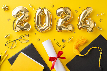 Embrace the graduation spirit with a top-view image showcasing 2024 gold balloons, graduation cap, diploma, stationery, glasses, tinsel against a yellow background. Great for greeting or ads