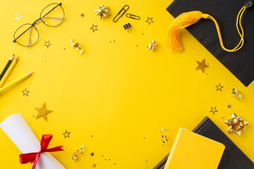 Capture the essence of graduation with top-view shot featuring graduation cap, diploma with bow,...