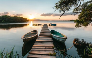 The golden hour casts a soft light on tranquil waters by a rustic pier, with canoes ready for an evening journey amidst a setting sun.