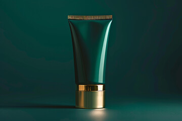 Luxurious cosmetic cream tube with gold detailing, placed against a rich emerald green isolated solid background, exuding opulence,