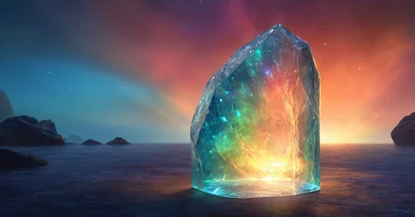 Fotobehang fantasy landscape with a large crystal in the middle of the sea at sunset © Вероника Преображенс