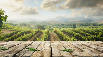An empty wooden table for product display. Blurred vineyard in the background