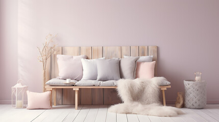 Scattering pastel cushions or decor items for a subtle pop of color. In the spirit of hygge. Copy space.