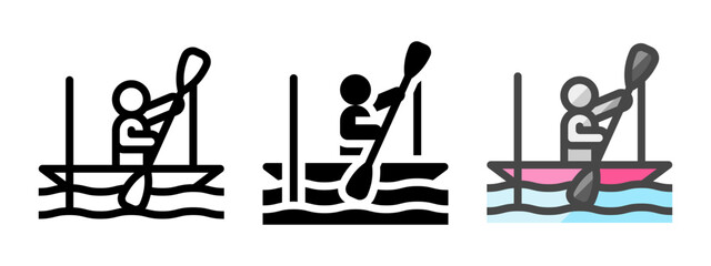 Multipurpose canoeist vector icon in outline, glyph, filled outline style. Three icon style variants in one pack.