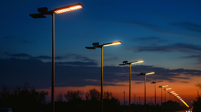 Renewable energy-powered street lights. Copy Space.