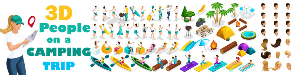 Large set of isometric, 3D people in nature, outdoor recreation in the forest, camping. Kayaking. Set emotions