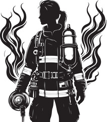 Silhouette of a fireman with a fire hose, black and white drawing, white background, vector illustration