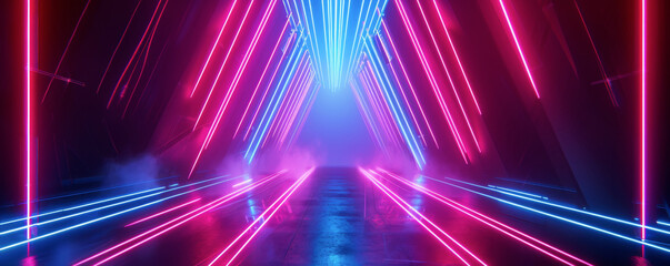 Vibrant neon lights converging in perspective on smoky stage, digital art concept. Illuminated laser beams radiate from central vanishing point on misty performance platform