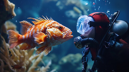 Ridiculously funny picture of a fish appearing to engage in a deep conversation with a plastic scuba diver decoration