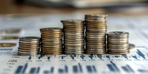 Financial growth and investment concept with stack of coins on top of financial graph and multiple stacks of coins
