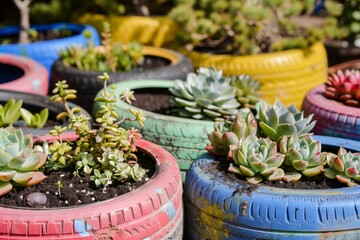 planting succulents in upcycled colorful tires - obrazy, fototapety, plakaty