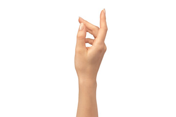 Woman hands  isolated on a white background. Nude nail polish.