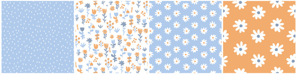 Hand Drawn Floral Irregular Seamless Patterns with White Chamomile Flowers on a Pastel Blue and Yellow Background. Trendy Infantile Style Abstract Garden Print. White Spots on a Light Blue. 