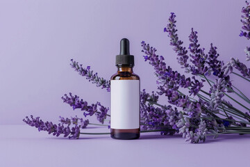 Minimalist skincare bottle set against a soft lavender isolated solid background, symbolizing gentleness and care,