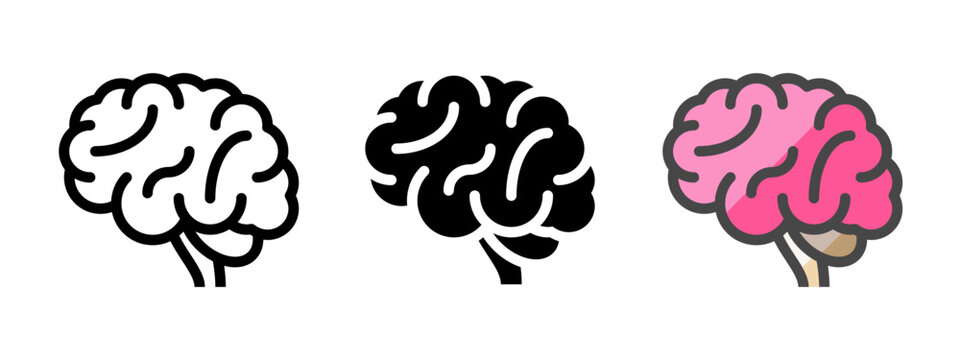 Multipurpose brain vector icon in outline, glyph, filled outline style. Three icon style variants in one pack.