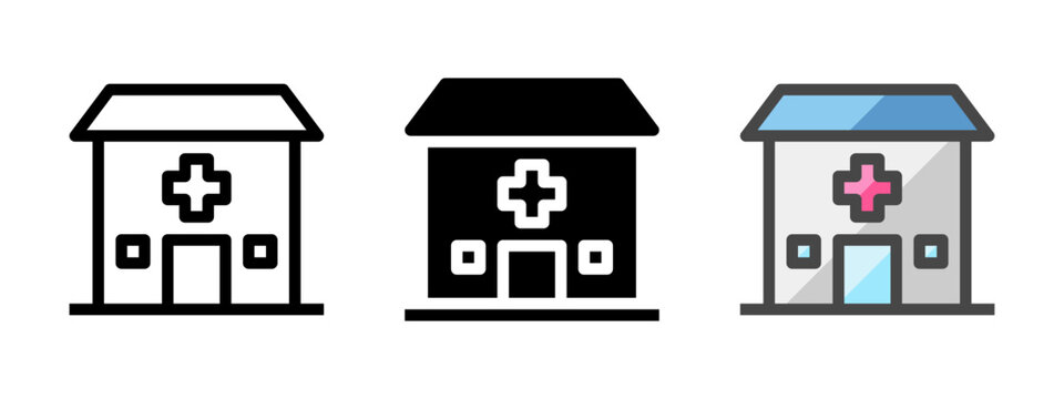 Multipurpose clinic vector icon in outline, glyph, filled outline style. Three icon style variants in one pack.