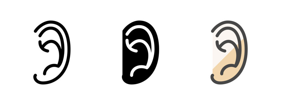 Multipurpose ear vector icon in outline, glyph, filled outline style. Three icon style variants in one pack.