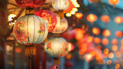 Beautiful close-up of Chinese lanterns, adorned with flowers and characters, glowing softly against...